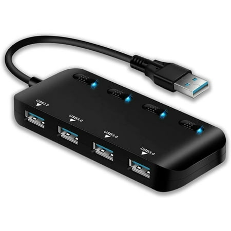 

4 Port Powered USB 3.0 Hub Splitter Ultra Slim USB Data Hub with Individual Power Switches and LEDs for Air Laptop iMac PC USB Flash Drives Hard Drive (Black)