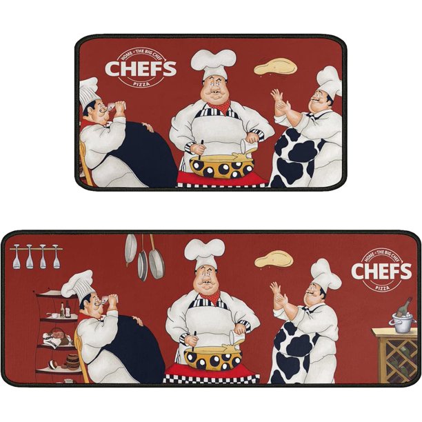 Fat Chef Kitchen Rugs and Mats Sets of 2,Red Kitchen Decoration Rugs,Rubber Backing NonSlip