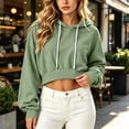 thumbnail image 2 of Women Cropped Drawstring Hooded Sweatshirt Long Sleeve Loose Pullover Crop Hoodie Casual Sport Tops for Spring Autumn Streetwear Green, 2 of 6
