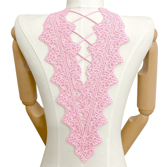 Namzi Pink Lace Applique Patch, V-Shaped Crisscross Hollow Neckline Trim for Sewing DIY, Front Plunge & Backless Dress Decor, 11.4 x12.2x 3.15 in