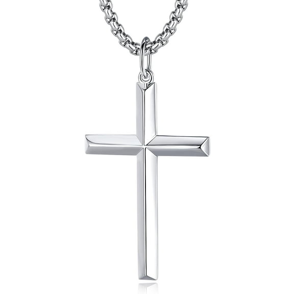 Solid 925 Sterling Silver High-Polished Large Beveled Edge Cross Pendant Necklace for Men – 24-Inch Stainless Steel Box Chain, Premium Fine Jewelry Gift