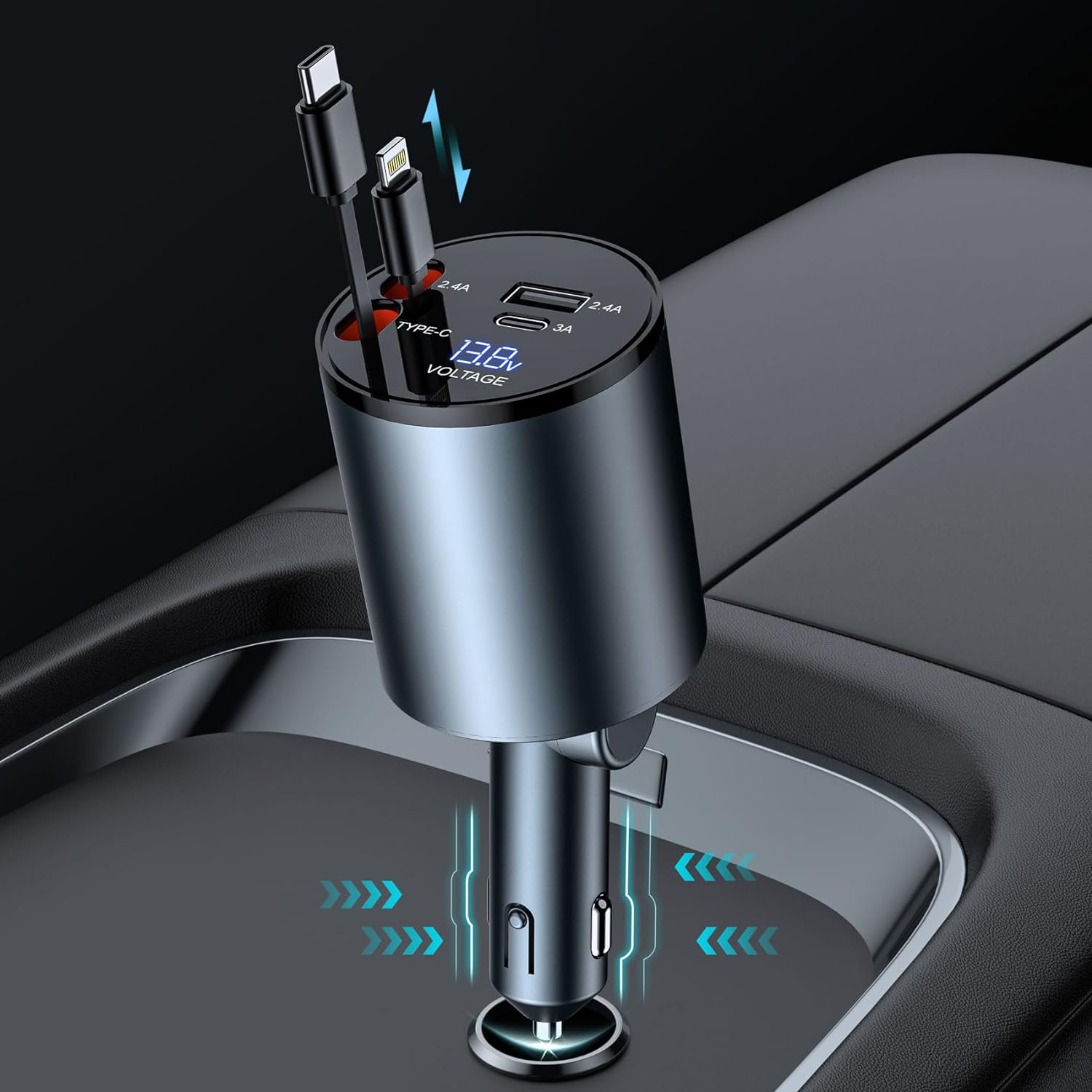 4 in 1 Retractable Car Charger,100W Super Fast Charge Car Phone Charger,Retractable Cables (31.5 inch) and 2 USB Ports Car Charger Adapter for iPhone 15/14/13/12 Pro Max XR,iPad,Samsung,Pixel