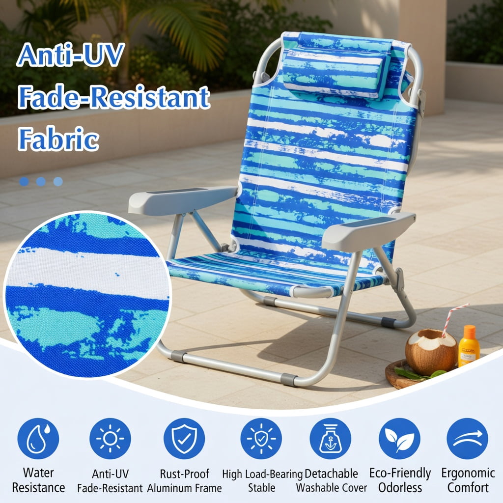 Hommoo 2-Pack Foldable Beach Chair with Cup Holder, Adjustable Backrest & Storage Pockets, Lightweight Aluminum Frame, Waterproof 600D Oxford Fabric, Navy