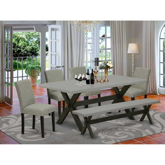 East West Furniture X697AB106-6 6-Pc Dining Set - 4 Dining Chairs, a Wood Bench Cement Top and 1 Modern Cement Kitchen Dining Table Top with High Chair Back - Wire Brushed Black Finish