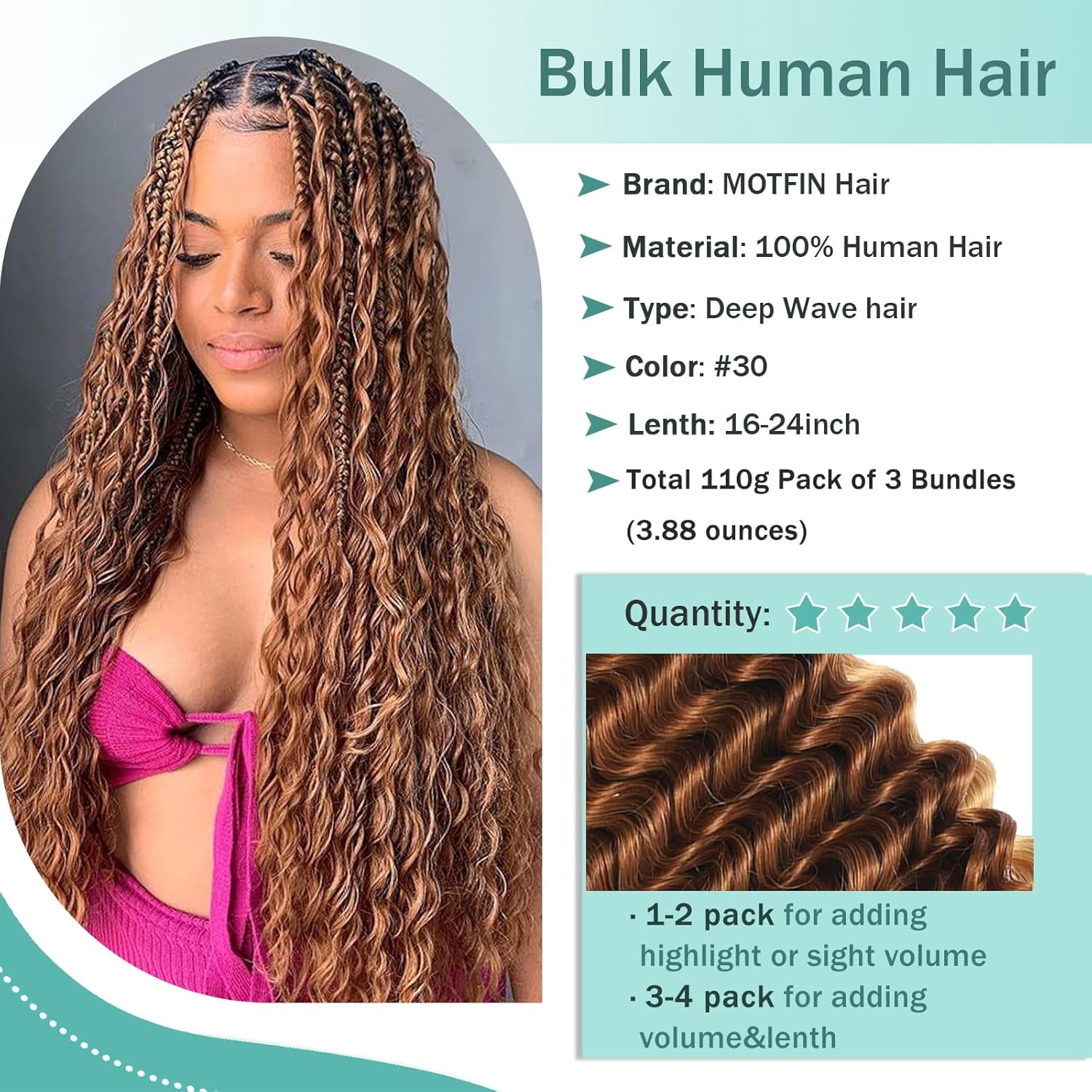 Human Braiding Hair for Boho Braids Human Hair 110g 22 Inch Curly Boho Hair for Braiding Knotless 12A Deep Wave Bohemian 3 Bundles/Pack Auburn Ginger