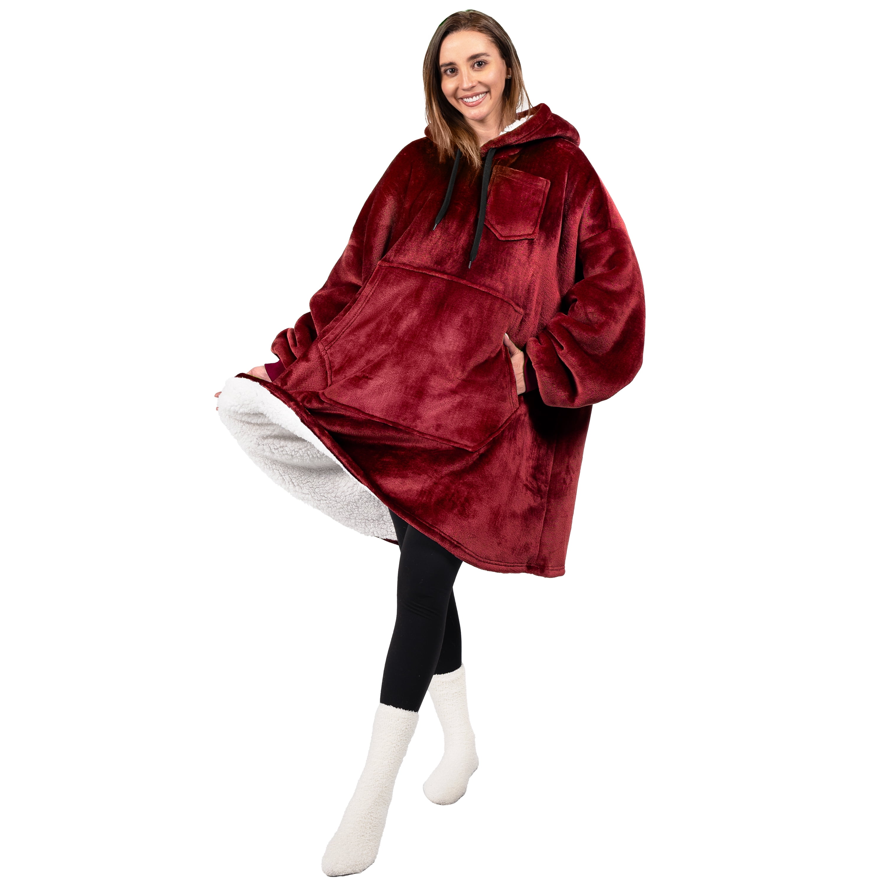 PAVILIA Blanket Hoodie for Women Burgundy, Sherpa Wearable Blanket Men, Cozy Oversized Sweatshirt Blanket, Warm Fleece Hooded Blanket Sweater with Sleeves and Giant Pocket, Wine Red