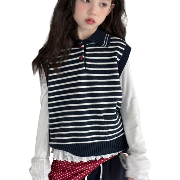 AUDeals Kids Striped Collared Knit Sweater Vest - Sleeveless Button Up Pullover for Boys and Girls Spring Fall Layering Wear