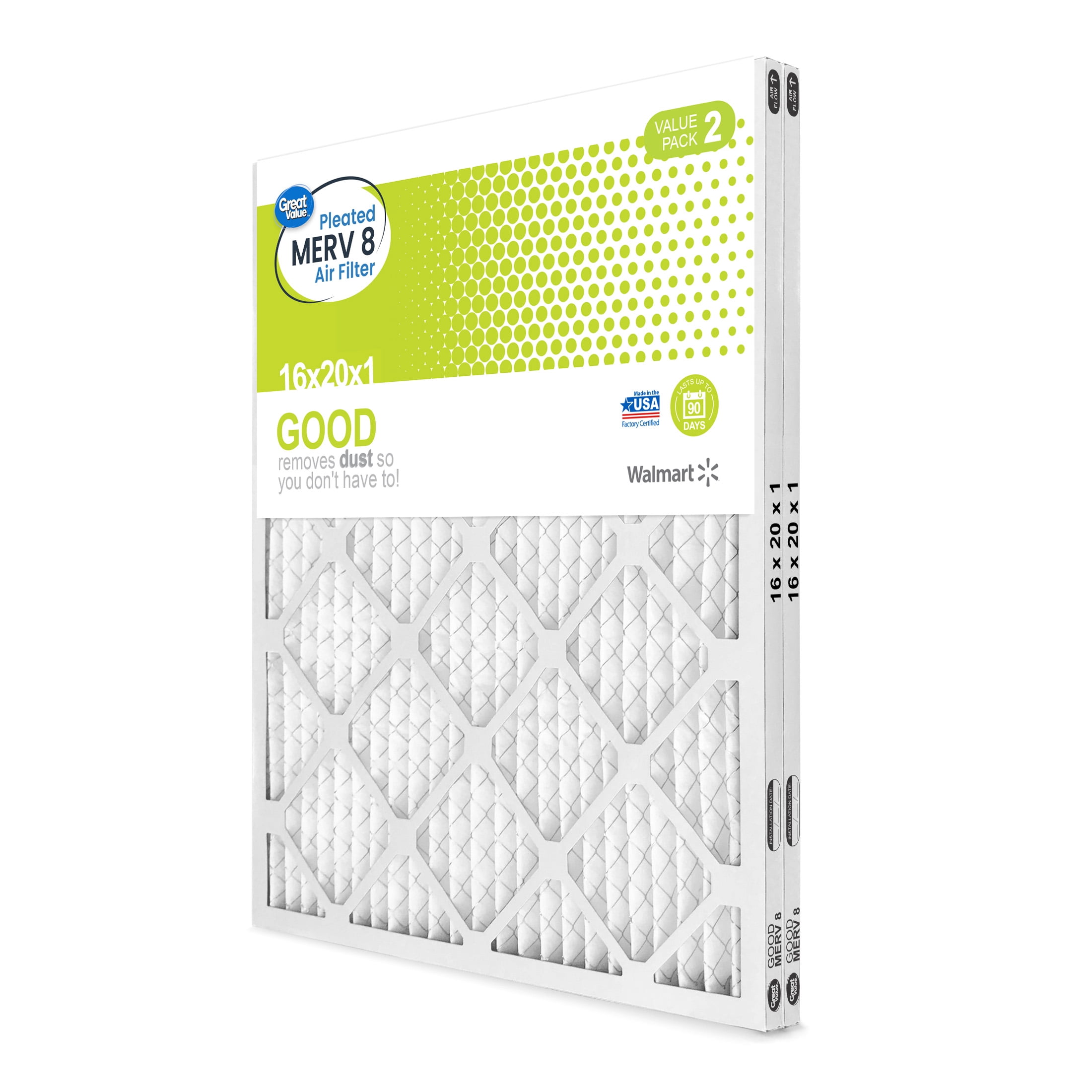Great Value, 16x20x1, MERV 8 GOOD HVAC Air and Furnace Filter, Captures Dust, 2 Filters