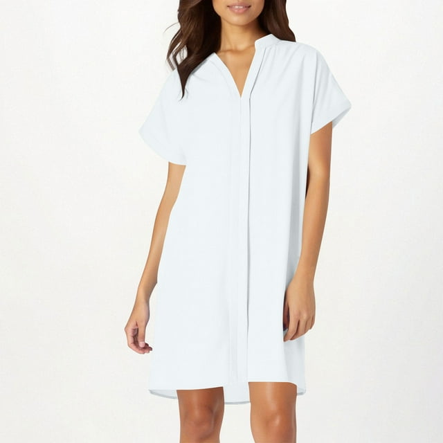 Women's Solid Color Short Sleeve V-Neck Loose Print Dress for Spring Summer Casual Wear