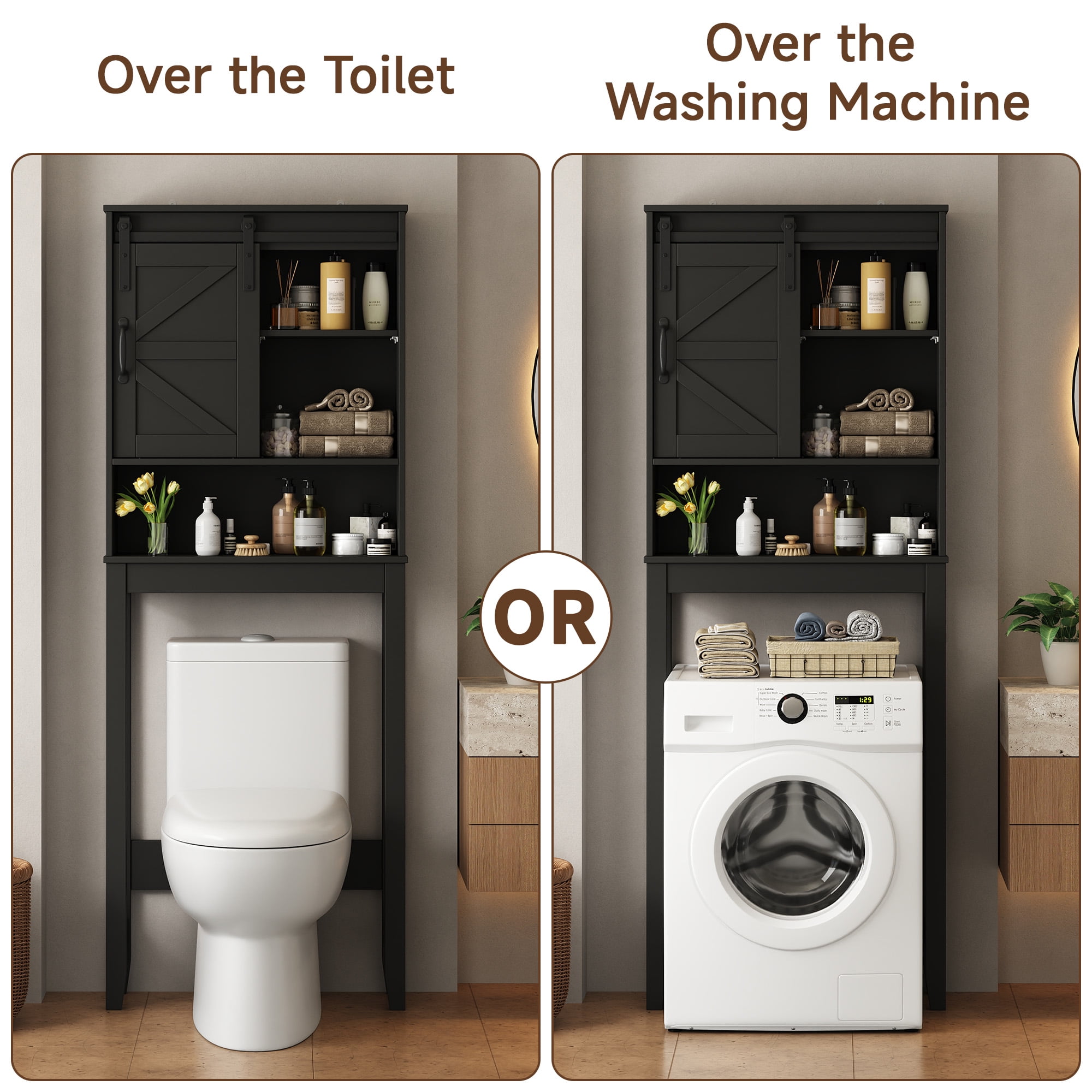 Over the Toilet Storage Cabinet, Bathroom Space Saver Organizer with Sliding Barn Door, Anti-Tipping Design, Waterproof, Adjustable Shelves for Laundry Room Organization