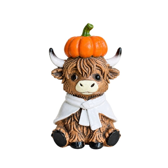 Highland Cow Figurine Resin Fall Themed Statue with Pumpkin Accent Scarf Design for Living Room Shelf Tabletop Fall and Thanksgiving Seasonal Indoor Decor