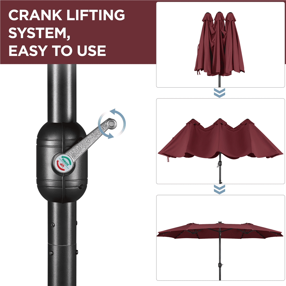 Renwick 15 ft Twin Patio Parasol Umbrella with Base & LED Lights, Burgundy