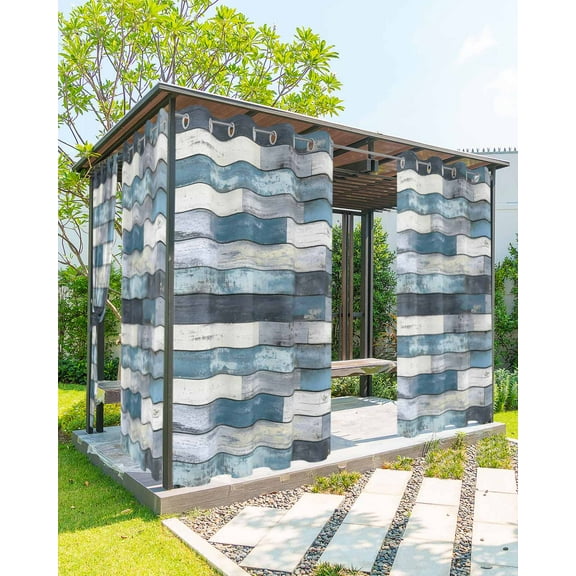 nqOlkjepod Outdoor Curtains for Patio Waterproof, Blue Grey Wooden Outdoor Privacy Panels Grommet, Farmhouse Vintage Cabin Stripes Blackout Outside Curtains for Porch/Cabana 54"x84", 2 Panels