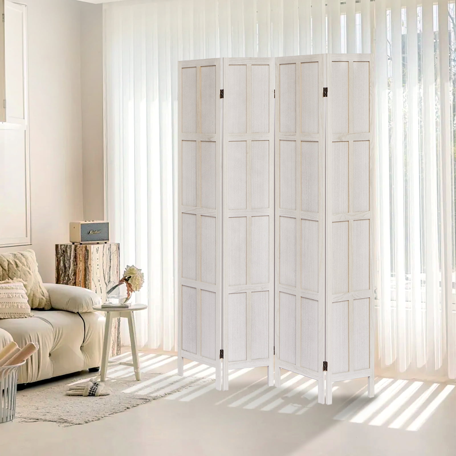 Aletheiawu 4 Panel Room Divider Wall and Folding Privacy Screens，No Installation Required，White