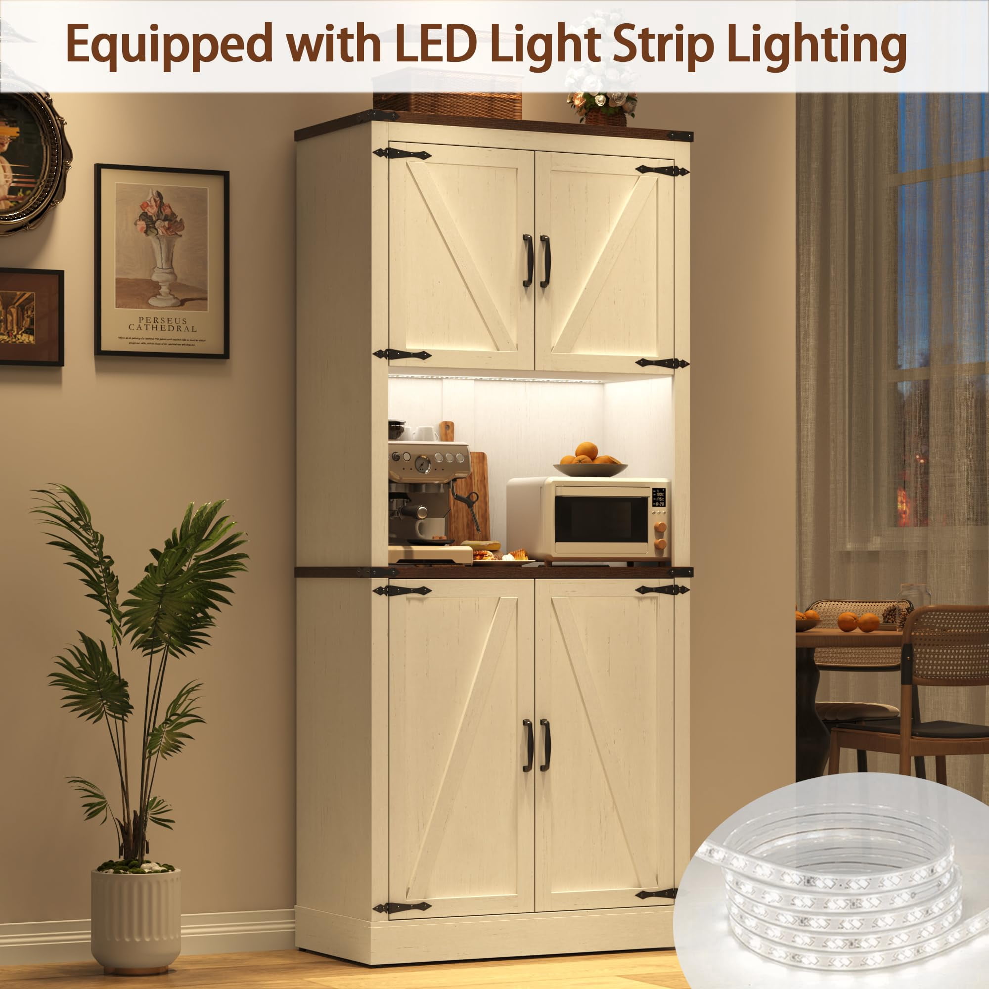 ANPOO 72'' Tall Farmhouse Kitchen Pantry Cabinet with LED Light and Power Outlet, 10 Hanging Shelves, Adjustable Shelves, Versatile Large Rustic Cabinet for Kitchen, Dining Room, Living Room