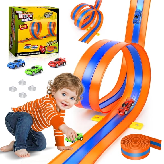 Beefunni 15Ft Flexible Race Track for Kids, Bendable Track with Suction Cups, Portable & Foldable Indoor/Outdoor Toy, Compatible with Most 1:64 Toy Cars, Creative Gift for Boys Girls