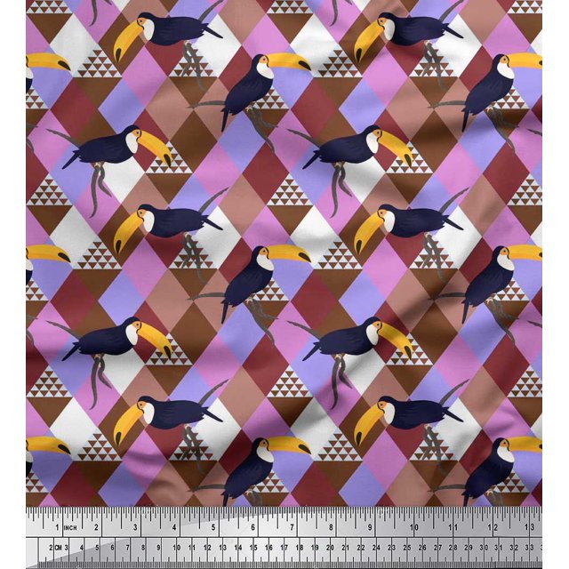 Soimoi Velvet Fabric Check & Toucan Bird Decor Fabric Printed Yard 58 Inch Wide