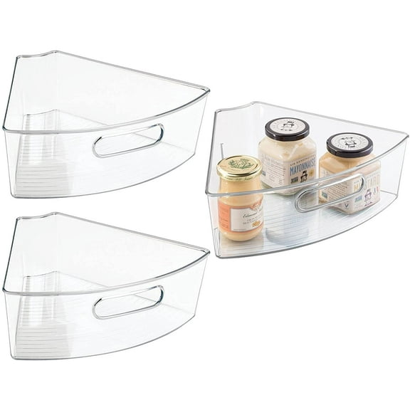 Kitchen Cabinet Plastic Storage Organizer Bins with Front Handle - Large Pie-Shaped 1/6 Wedge - Food Safe, BPA Free - 3 Pack - Clear,,F92400