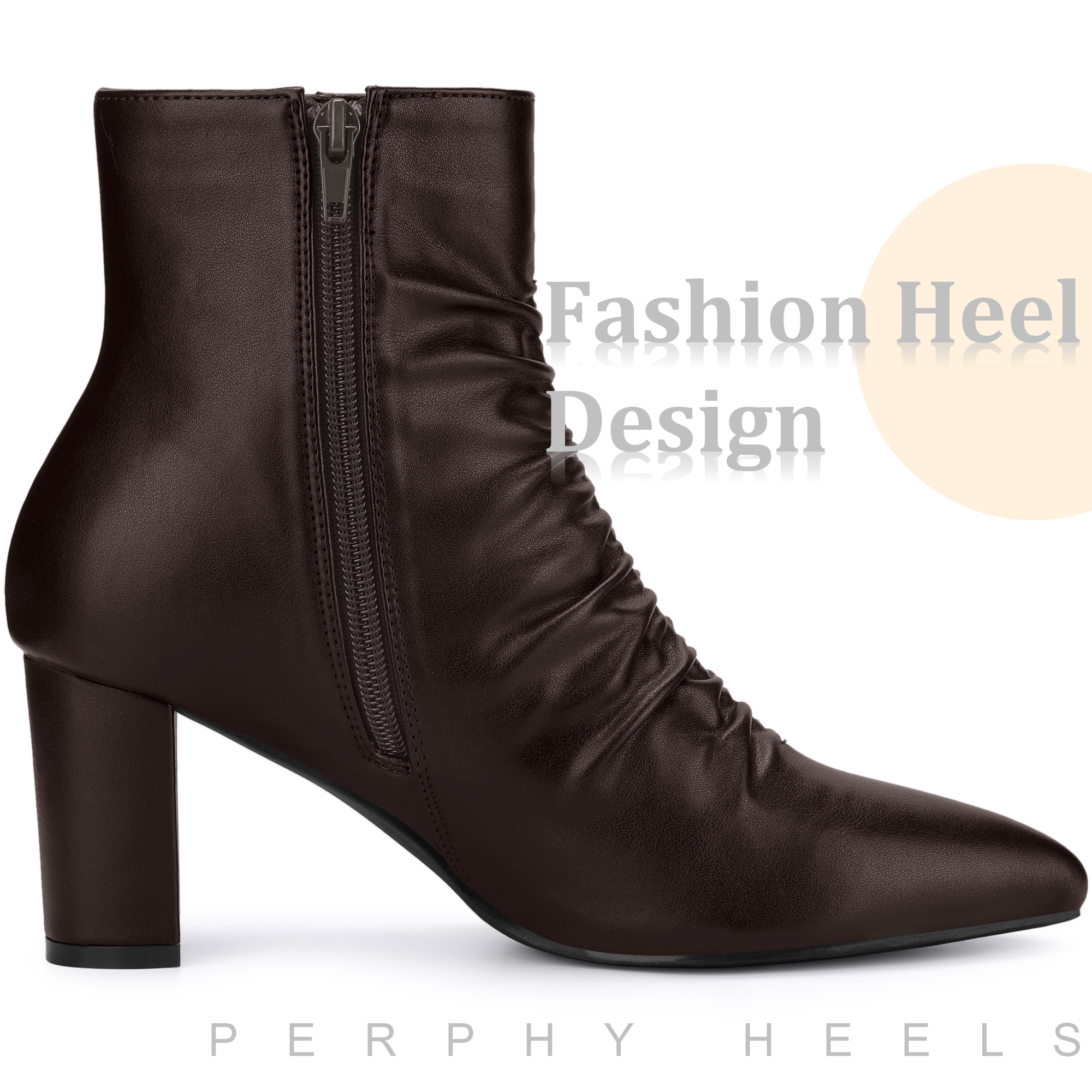 DARING DIVA Ruched Dress Boots Pointed Toe Chunky Heels Ankle Boots Coffee 9