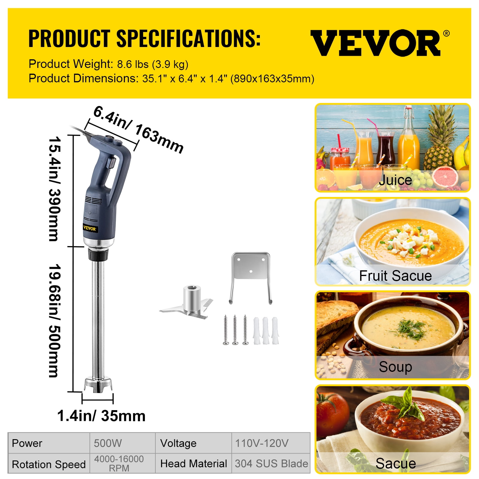 VEVOR Commercial Immersion Blender Electric Hand Mixer Variable Speed 500W  300mm