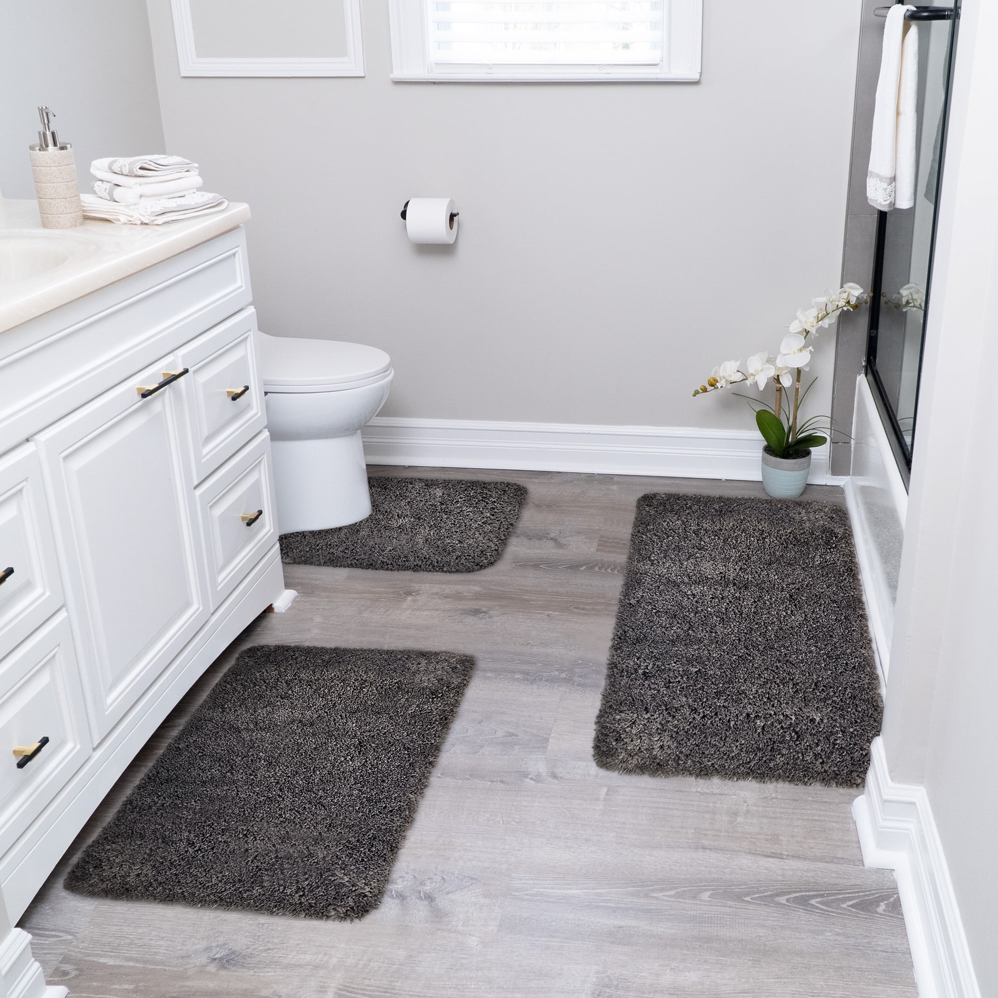 Solid Dark Gray Bathroom Rugs Sets, Shower Rugs with Toilet Rugs U