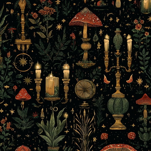 Peel and Stick Wallpaper Vintage Floral Mystical Candlelight Mushrooms Stars Wall Mural 23.6in x 9.8ft Self Adhesive Removable Wall Paper Renter Friendly Wallpaper for Bedroom