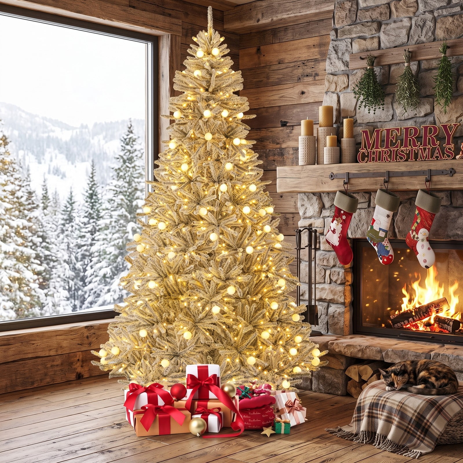 RUIE 8 Feet Pre-lit Snow-Flocked Artificial Christmas Tree, Hinged Xmas Tree with 450 Warm White LED Lights, 81 Sphere Lights, Remote and Timer for, Green & White