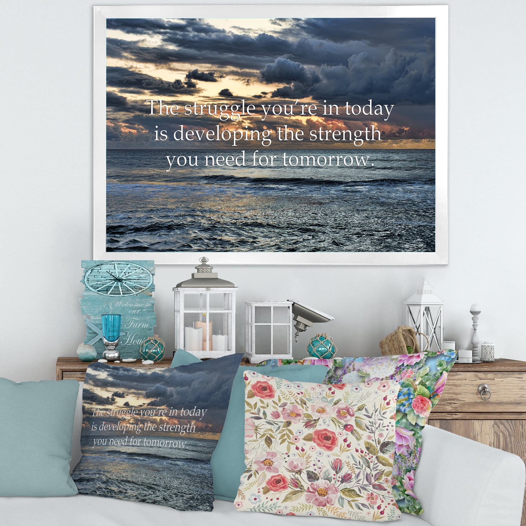 Designart 'Inspirational Quote and Ocean' Nautical & Coastal Framed Art Print