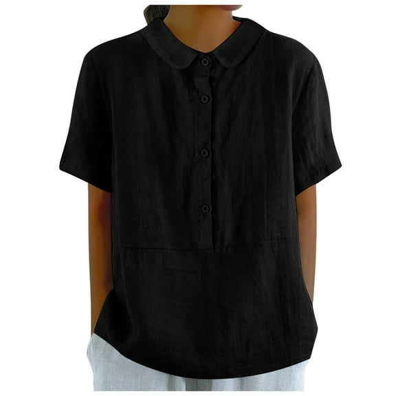 Women's Retro Fashion Solid Color Casual Loose Fit Button Down Shirt Short Sleeve T-Shirt Tops Comfortable Stylish Tee