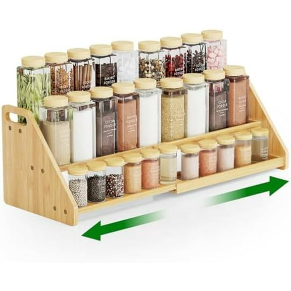 Cabinet & Countertop Expandable 3-Tier Bamboo Spice Rack for Spices, Jars, Office Supplies, Adjustable Length 12.6"-23.6" Multi-Purpose Natural Bamboo Organizer for Kitchen, Pantry, Bathroom$