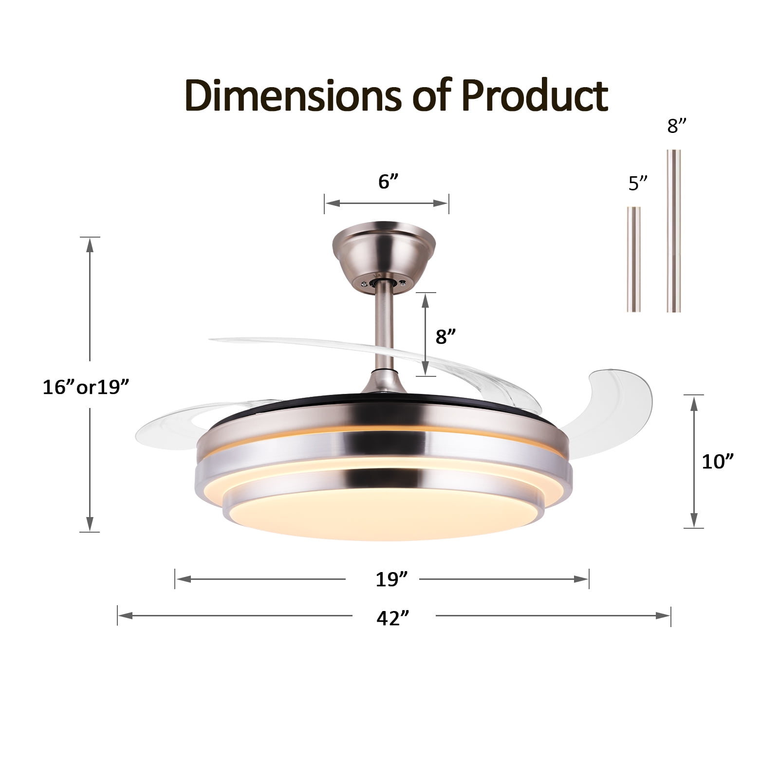Jacgood 42in 2-in-1 Retractable Ceiling Fan with Dimmable LED Light, Brushed Nickel Fandelier, 6-Speed Quiet DC Motor & Remote Control for Bedroom/Living Room