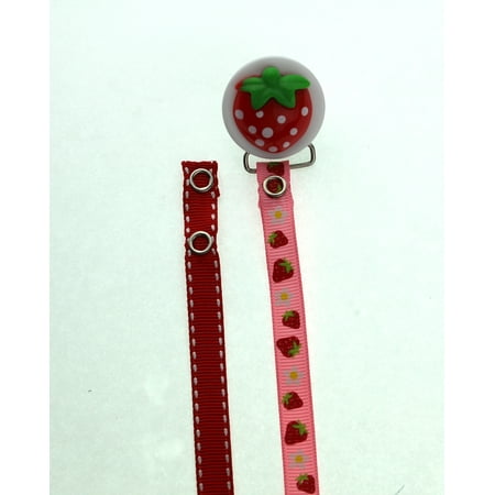 Pink Strawberry Pacifier Clip With Two Interchangeable Ribbons
