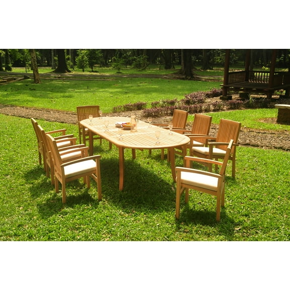 Grade-A Teak Dining Set: 8 Seater 9 Pc: 118" Double Extension Oval Table And 8 Wave Stacking Arm Chairs Outdoor Patio WholesaleTeak #WMDSWV12