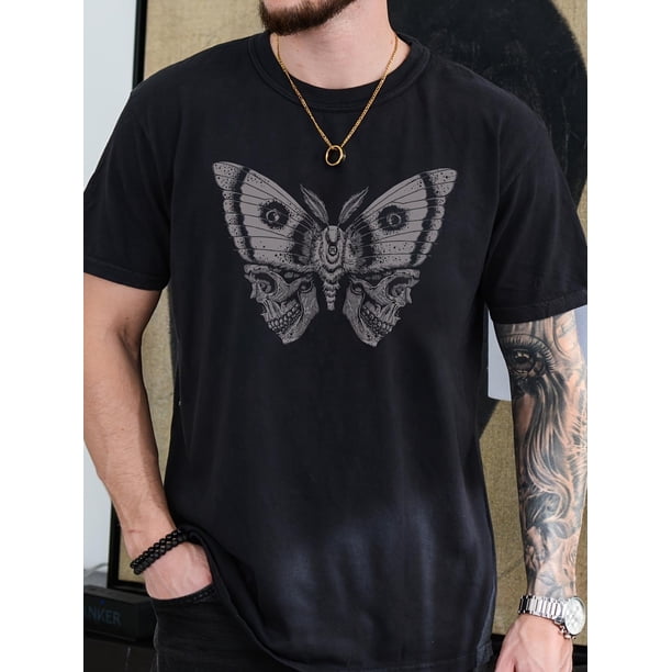 Camiseta con estampado de calavera y mariposa para hombre: suave, manga corta y cuello redondo. Ropa urbana punk de moda para verano. Diseño llamativo, cómoda y transpirable. Ideal como regalo unisex