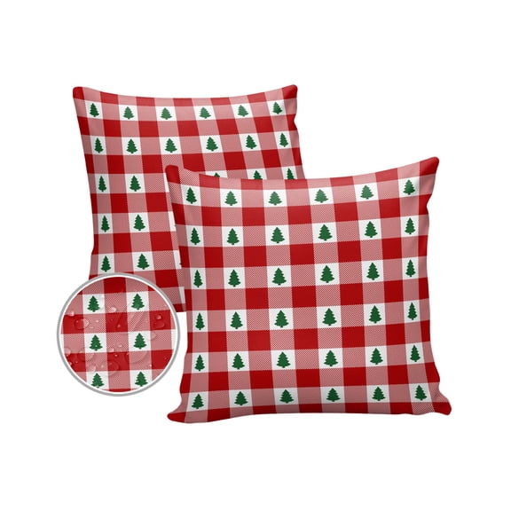 Pack of 2 Outdoor Pillow Covers, Christmas Tree Red Buffalo Plaid Waterproof Square Throw Pillowcase Cushion Decorative Pillow Covers for Couch Patio Tent, 16x16 in