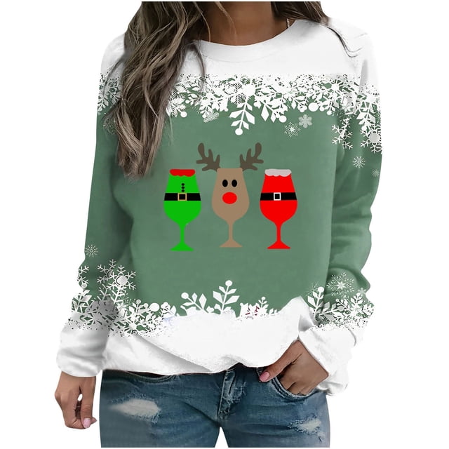 Chandails en Molleton pour Femmes Hiver T-shirt Imprimé Ample Manches Longues Blouse Col Rond Hauts Décontractés Chandails en Molleton d'Automne pour Femmes en Liquidation
