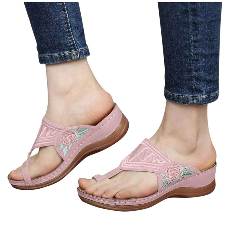 Womens Pu Clip Toe Sandals Flip Flops Slippers Embroidered Sliders Wedge  Shoes