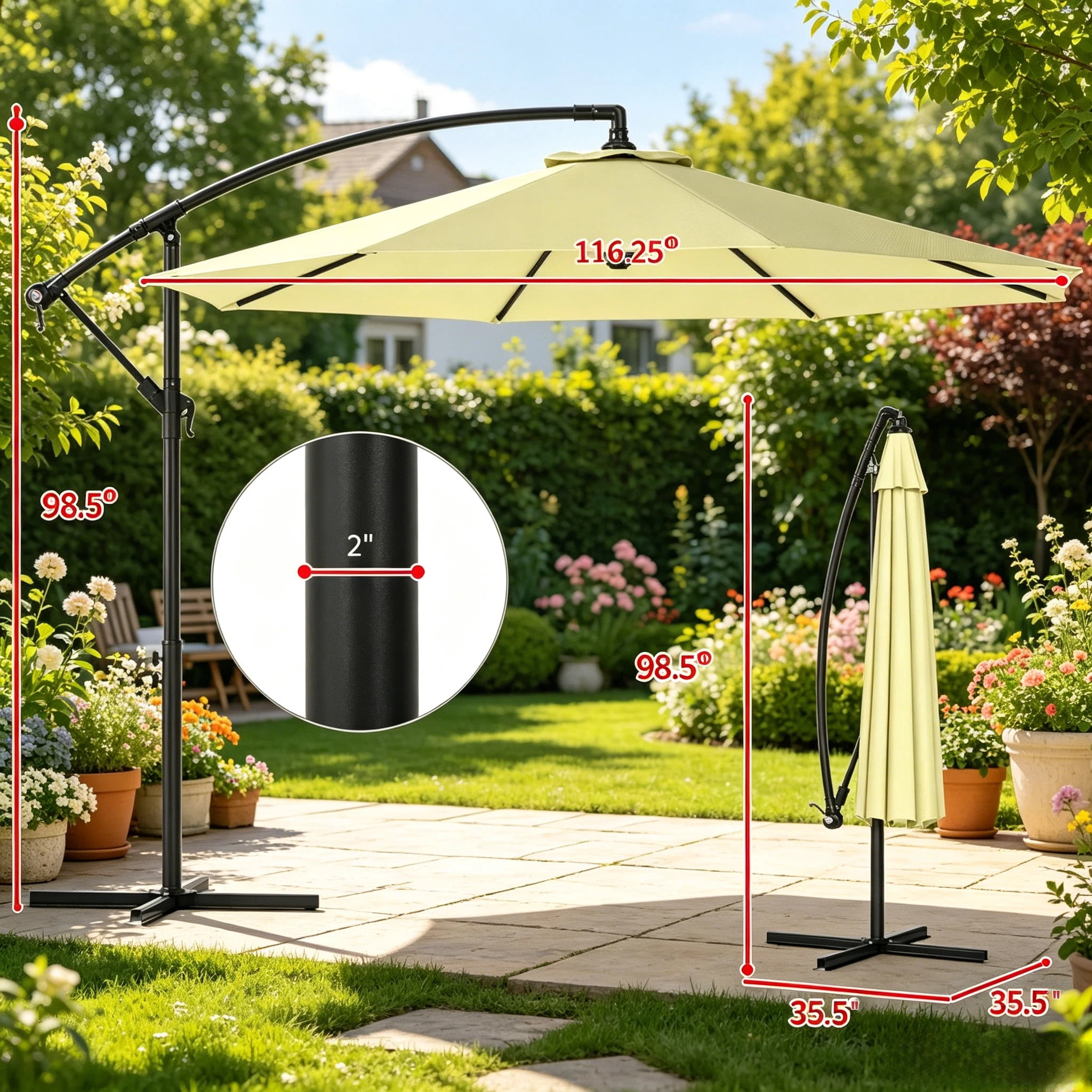 10ft Beige Offset Patio Cantilever Umbrella with Stable Base, Adjustable Tilt Crank Operated Outdoor Sun Shade, UV & Water Resistant Steel Frame for Garden Backyard