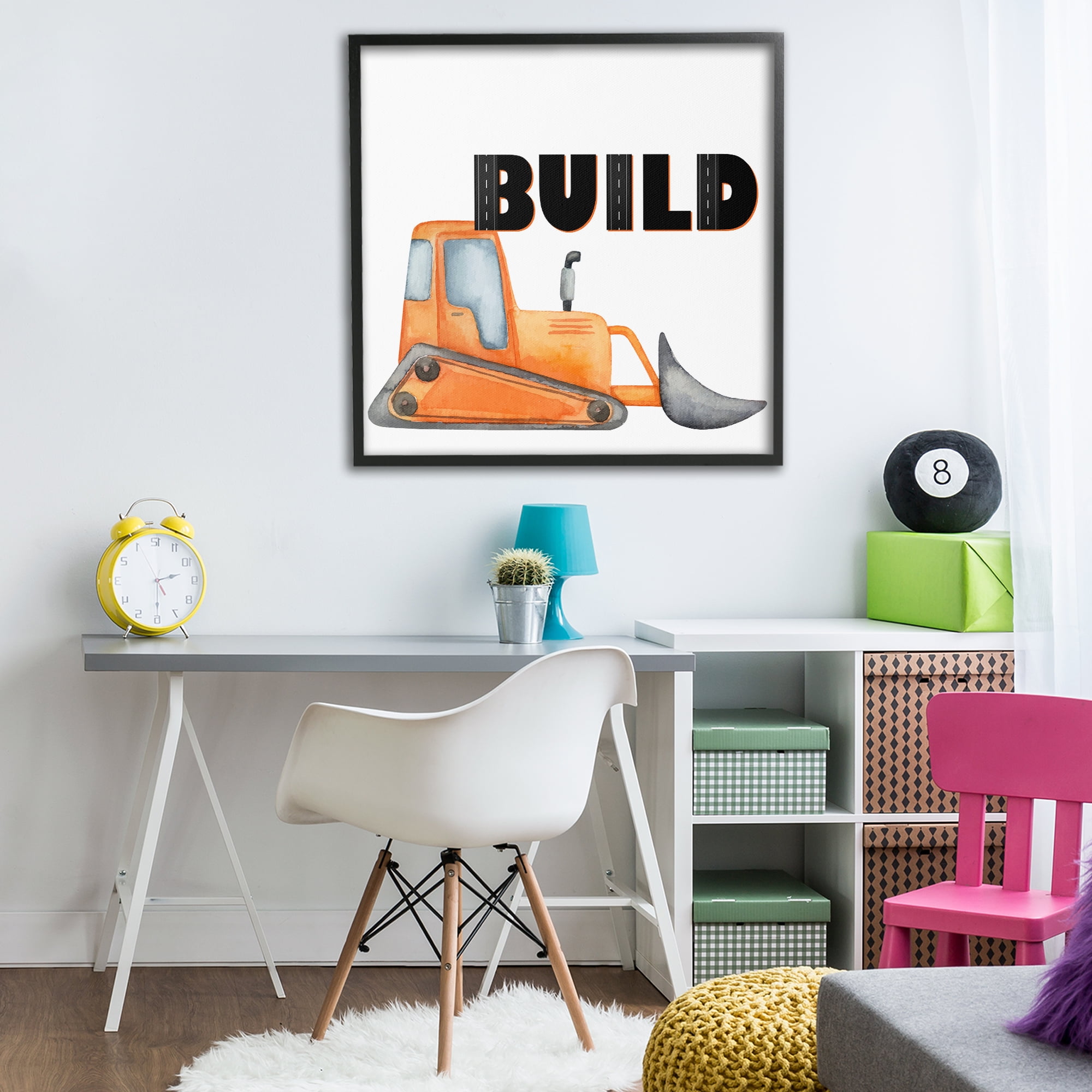 Build with Orange Bulldozer Black Framed Giclee Art, design by Kim Allen