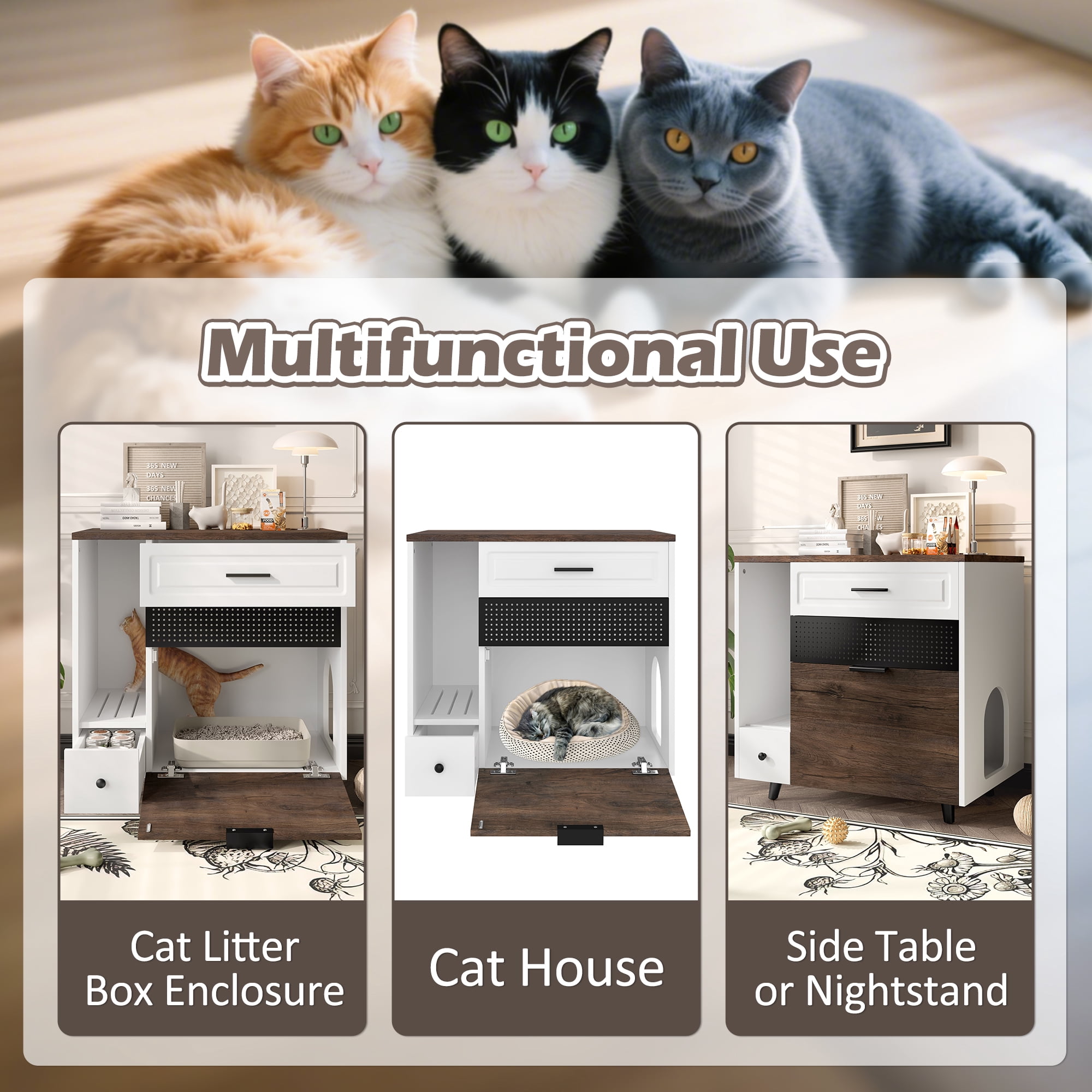 Euroco Multifunctional Cat Litter Box Enclosure Furniture with Storage Drawers, Drop-Down Door & Grooved Grille – Hidden Litter Cabinet for Cats, Side Table Style