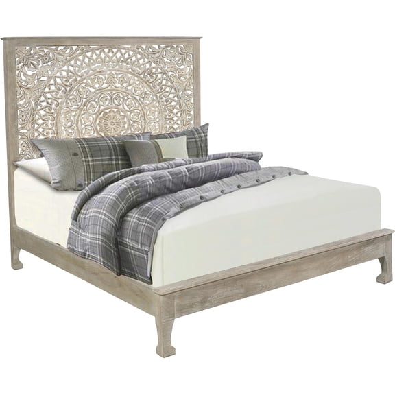 Taran Designs Gianna Floral Carved Solid Wood King Bed in Gray
