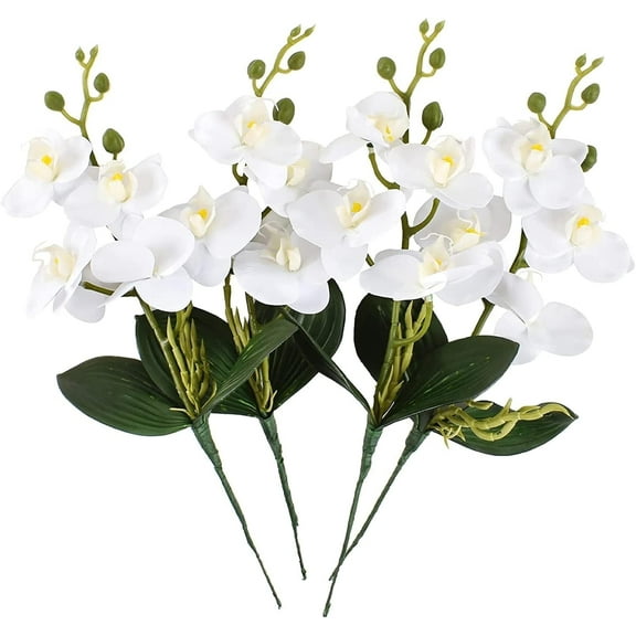 HUIANER 4Pcs Artificial Flowers White Orchid Flower Phalaenopsis Orchid, Realistic Touch Faux Orchid Plant, 15"