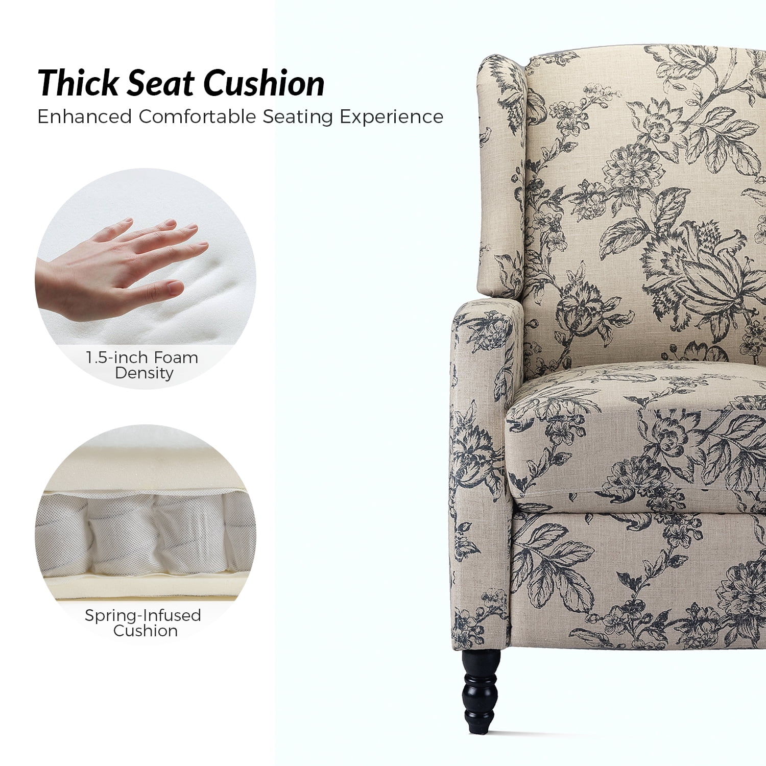 Traditional Manual Recliner Chair Push Back Upholstered Wingback Fabric Living Room Indigo