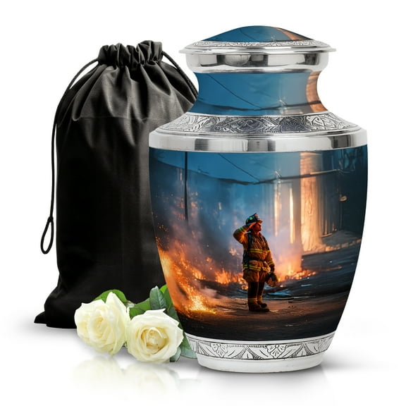 SABURIAL Fire Fighter Urn - Handcrafted Memorial Urns for Men & Women - Elegant Funeral Urn for Burial - Keepsake Tribute for Dad & Mom Ash - 10 Inch - Large with Velvet Bag