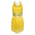 thumbnail image 3 of TiaoBug Women's Fringe Latin Dance Outfits Belly Dancer Sleeveless V Neck Tiered Tassels Crop Top and Skirt Yellow XXL, 3 of 6