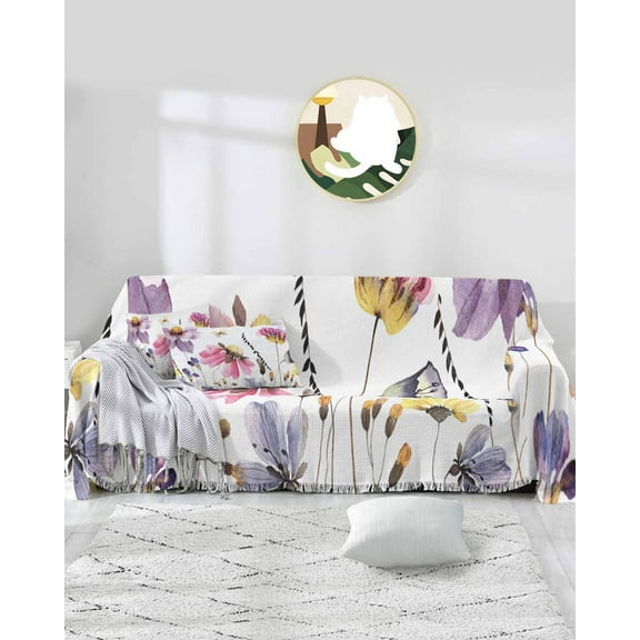 Watercolor Floral Sofa Covers for 3 Cushion Couch,Washable Sectional & L Shape Couch Covers for Dog/Cat/Kid,Purple Pink Botanical Flower Herb Non Slip Sofa Slipcover Tassel Futon Cover 71x150