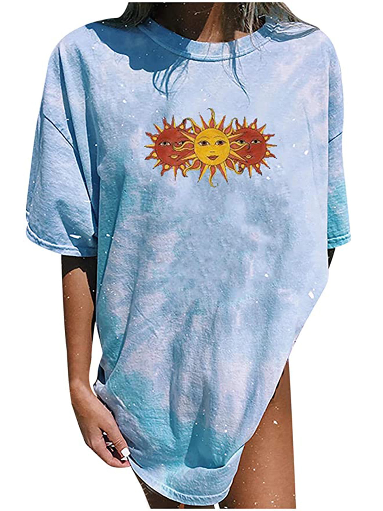 Raruxxin Women Oversized T Shirt Cute Vintage Sun Moon Print Tees Short  Sleeve Loose Cartoon T-shirts Casual Tee Tops Streetwear