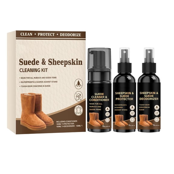 Three Bottle Suede And Sheepskin Shoe Care Kit With Cleaner Conditioner And Deodorizer 300ml Total
