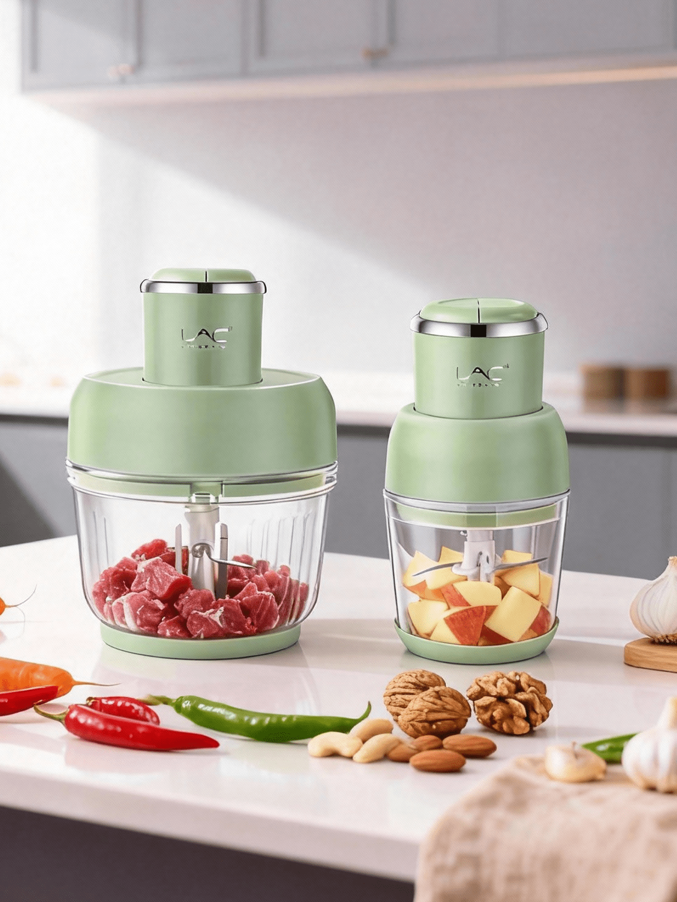 10-Cup Dual Pot Food Processor, Stainless Steel Blades, Veggie Chopper for Kitchen Use, Light Green