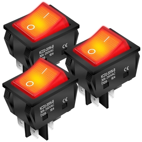 30A 250V KCD2 KCD4 Rocker Switch DPST 4 Pin Red Lighted 120V Rocker Toggle Switch ON Off Heavy Duty T125-3Pack